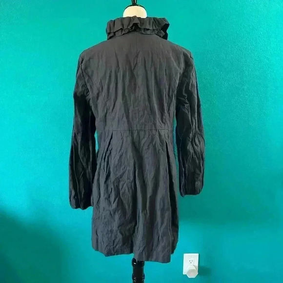 Ann Taylor LOFT Black Womens Gray Trench Coat Button Jacket High Ruffled Neck L - Picture 3 of 5